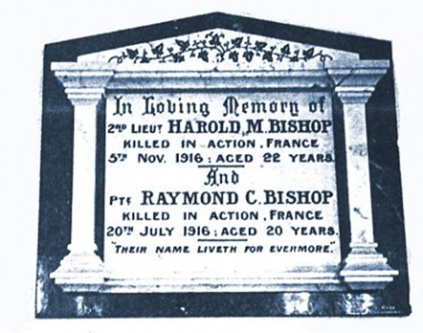 This marble memorial is to Second-Lieutenant Harold M. Bishop and Private Raymond C. Bishop