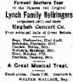 The Bega Budget 18 April, 1914. The Lynch Bellringers continued on their South Coast Fatewell tour after performing at Moruya.