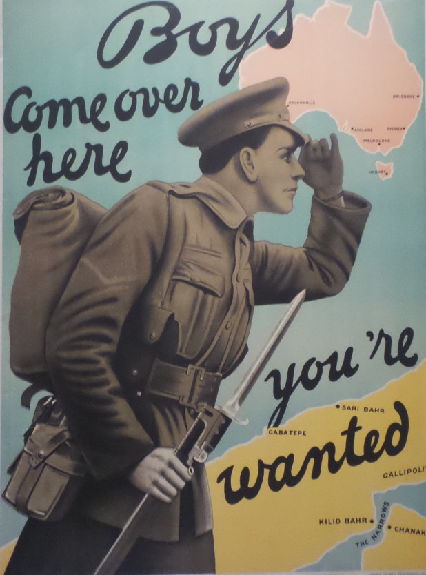 A World War 1 recruitment poster on display at the Australian War Memorial